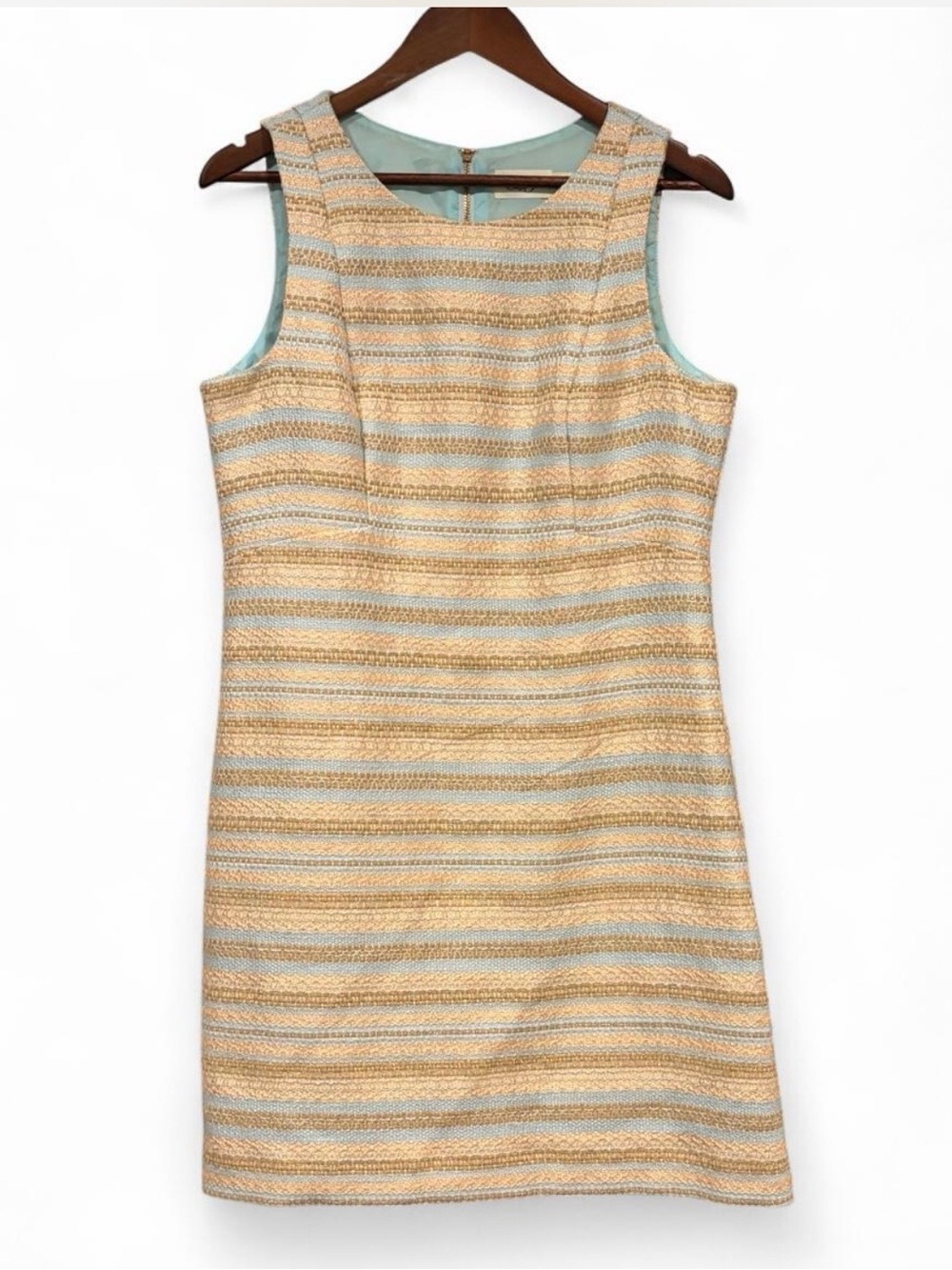 Eliza J Metallic Stripe Tweed Shift Dress | Gold / Light Blue | Size 10